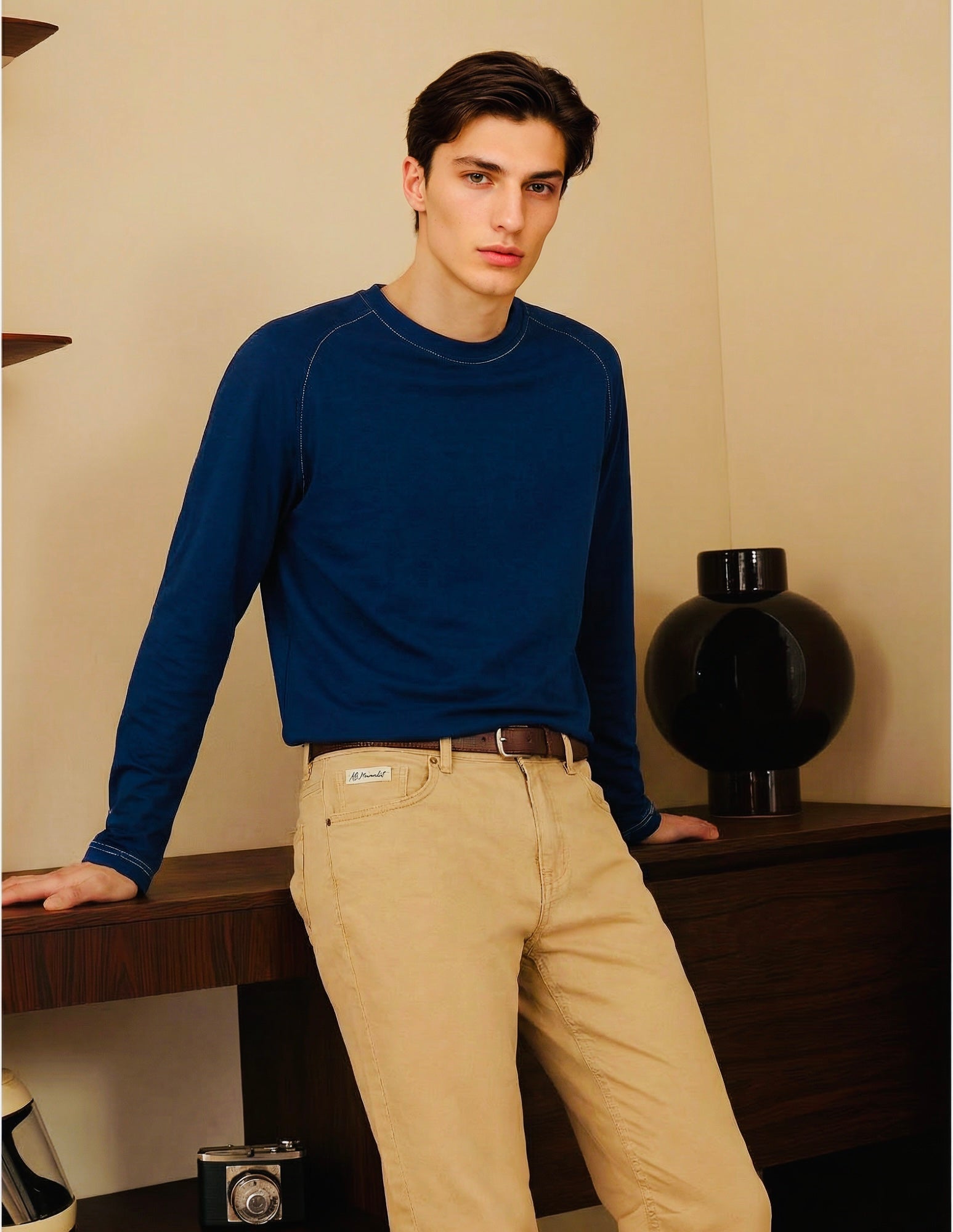 Long Sleeves Knit Blue 100% Silk